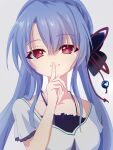 1girl black_bow blue_hair bow braid breasts casual closed_mouth commentary crown_braid eyes_visible_through_hair finger_to_mouth frilled_sleeves frills grey_background hair_between_eyes hair_bow hair_ribbon hand_up highres index_finger_raised long_hair looking_at_viewer medium_breasts red_eyes red_ribbon ribbon ringed_eyes shirt short_sleeves shushing sidelocks simple_background smile solo sorakado_ao split_mouth summer_pockets upper_body user_jvdy4345 white_shirt 