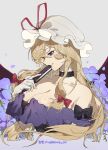  1girl absurdres black_bow black_choker blonde_hair bow breasts choker cleavage closed_mouth dress flower folding_fan gloves hair_bow hand_fan hat hat_ribbon highres holding holding_fan large_breasts long_hair mob_cap off-shoulder_dress off_shoulder petals purple_dress purple_eyes purple_flower red_bow red_ribbon ribbon shimiya_jin smile solo touhou twitter_username upper_body white_gloves white_hat yakumo_yukari 