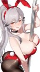  1girl absurdres animal_ear_hairband animal_ears ass azur_lane between_breasts black_choker black_hair black_pantyhose blush braid breasts choker colored_tips commentary_request commission dunkerque_(azur_lane) fake_animal_ears fake_tail from_side furrowed_brow grey_hair hair_between_eyes hair_ornament hairband highleg highleg_leotard highres holding holding_pole huge_breasts leotard long_hair looking_at_viewer multicolored_hair open_mouth pantyhose playboy_bunny pole ponytail ponytail_with_braided_base rabbit_ear_hairband rabbit_ears rabbit_tail red_eyes red_leotard shiny_clothes shiny_skin simple_background skeb_commission smile solo sonoda_345 strapless strapless_leotard stripper_pole tail very_long_hair white_background 