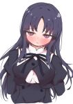  1girl absurdres arms_at_sides assault_lily black_hair black_ribbon black_skirt blush breasts buttons chitonimu commentary_request cropped_arms cropped_jacket cropped_torso high-waist_skirt highres juliet_sleeves large_breasts long_hair long_sleeves looking_at_viewer neck_ribbon parted_lips puffy_sleeves purple_eyes raised_eyebrows ribbon school_uniform shirai_yuyu shirt sidelocks simple_background skirt solo upper_body white_background white_shirt yurigaoka_girls_academy_school_uniform 