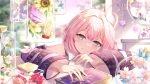  1girl blue_eyes book coat commentary cyrene_(honkai:_star_rail) elphe flower hair_ornament highres honkai:_star_rail honkai_(series) multicolored_hair pink_hair pink_pupils purple_coat short_hair smile solo star_rail_special_pass_(honkai:_star_rail) two-tone_hair white_hair 
