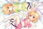  2girls absurdres barefoot blonde_hair blue_archive chinese_commentary commentary_request green_eyes halo highres lying midori_(blue_archive) momoi_(blue_archive) multiple_girls navel panties shirt shorts siblings sisters striped_clothes striped_panties tail toes twins underwear uro30 