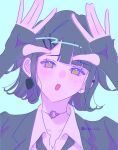  1girl :o black_jacket black_necktie blue_background collared_shirt commentary_request double_\||/ earrings embarrassed green_eyes hair_ornament highres i_do_me!_(love_live!) jacket jewelry kzkz_lvlv link!_like!_love_live! looking_at_viewer love_live! momose_ginko necktie official_alternate_costume open_clothes open_jacket open_mouth portrait purple_theme shirt single_earring solo twitter_username upper_body virtual_youtuber white_shirt x_hair_ornament 