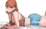  1girl absurdres alternate_costume ass bare_shoulders blue_shorts blush breasts brown_eyes brown_hair choker cleavage earrings heart heart_choker highres jewelry large_breasts looking_at_viewer lying nero_watch on_stomach persona persona_3 pink_shirt pink_tank_top shirt short_hair shorts smile solo stud_earrings takeba_yukari tank_top white_choker 