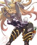  1girl animal_ears armpits bare_shoulders blonde_hair bow bowtie carrot dark-skinned_female dark_skin ear_piercing earrings gravity_daze gravity_daze_2 highres jewelry kitten_(gravity_daze) long_hair looking_at_viewer piercing playboy_bunny pungter rabbit_ears rabbit_tail red_eyes scarf simple_background solo strapless tail teeth white_background wrist_cuffs 