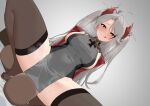  1boy 1girl :q absurdres ahoge azur_lane breasts brown_thighhighs closed_mouth commentary_request covered_navel dark-skinned_male dark_skin dress girl_on_top gradient_background grey_background grey_dress grey_hair hakkaman119 hetero highres interracial large_breasts large_variant_set long_hair multicolored_hair prinz_eugen_(azur_lane) sideboob sitting_on_face solo_focus squatting streaked_hair thick_thighs thighhighs thighs tongue tongue_out two_side_up variant_set 