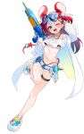  1girl ;d animal_ear_fluff animal_ears belt bikini bikini_under_clothes black_bikini black_hair black_shorts blue_eyes braid breasts commentary crocs cutoffs earrings english_commentary goggles goggles_on_head hair_between_eyes hair_ornament hakos_baelz heart heart_earrings highleg highleg_bikini highres holding hololive hololive_english jewelry kutata long_hair long_sleeves looking_at_viewer medium_breasts mouse_ears mouse_girl mouse_tail multicolored_hair navel one_eye_closed puffy_long_sleeves puffy_sleeves red_hair seashell sharp_teeth shell shoes short_shorts shorts simple_background sleeves_past_wrists smile solo standing standing_on_one_leg starfish swimsuit tail teeth two-tone_hair two_side_up virtual_youtuber water_gun white_background white_belt white_hair white_shoes x_hair_ornament 
