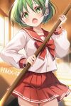  1girl :o absurdres blurry blurry_background blush bow bowtie bright_pupils buttons commentary_request cowboy_shot green_eyes green_hair hair_between_eyes hand_up headgear highres holding indoors long_sleeves looking_at_viewer miniskirt multi_(to_heart) open_mouth pleated_skirt puffy_long_sleeves puffy_sleeves red_bow red_bowtie red_sailor_collar red_skirt robot_ears sailor_collar sakura_mikan_(chirizakura) school_uniform serafuku shirt short_hair skirt solo sunset sweatdrop tareme to_heart to_heart_(series) white_pupils white_shirt 