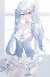  1girl bandage_on_face bandages bandaid blue_collar blue_eyes blue_nails blue_ribbon blurry blurry_background blush breasts cleavage collar commentary double-parted_bangs dress ear_piercing fang frilled_dress frills garter_straps gradient_clothes hair_between_eyes hair_intakes highres holding holding_own_hair holding_stuffed_toy long_eyelashes long_hair medium_breasts morino_wako open_mouth original piercing ribbon single_garter_strap single_thighhigh skin_fang sleeves_past_wrists solo stuffed_toy thighhighs twintails 