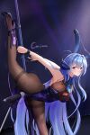  1girl absurdly_long_hair animal_ears arm_strap azur_lane bent_over bodystocking breasts chinese_commentary cleavage commentary_request fake_animal_ears flexible high_kick highres jzby kicking large_breasts leg_lift leg_up leotard long_hair new_jersey_(azur_lane) new_jersey_(exhilarating_steps!)_(azur_lane) official_alternate_costume pantyhose playboy_bunny pole pole_dancing purple_leotard rabbit_ears remote_control_vibrator see-through_cleavage see-through_clothes sex_toy solo split standing standing_on_one_leg standing_split strapless strapless_leotard stripper_pole tally thighband_pantyhose v very_long_hair vibrator vibrator_under_clothes 