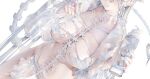  1girl bikini breasts cleavage dutch_angle food hand_on_own_chest head_out_of_frame holding holding_spoon jima large_breasts licking_lips navel original parfait revealing_clothes see-through_clothes simple_background solo spoon standing swimsuit tongue tongue_out underboob white_background white_bikini white_hair 
