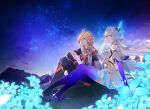 1boy 1girl absurdres aether_(genshin_impact) ahoge aiwo_o_lite bare_shoulders blonde_hair blue_flower braid breasts closed_mouth crystal_shards dress english_commentary flower genshin_impact grey_hair hair_between_eyes hair_ornament highres long_hair looking_at_viewer medium_breasts pink_eyes purple_hands red_eyes second-party_source sideboob skirk_(genshin_impact) thighs very_long_hair white_dress white_hair yellow_eyes 