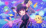  1girl :3 animal_print arms_up black_bodysuit black_hair blunt_bangs bodysuit braid braided_bun breasts buck_teeth cloud cone_horns contrapposto creature double_bun feet_out_of_frame foreshortening from_above glowing_lines grid hair_bun head_tilt high_collar highres horns kimi_no_koto_ga_dai_dai_dai_dai_daisuki_na_100-nin_no_kanojo kusanochika large_breasts lightning_bolt_symbol long_sleeves looking_at_viewer mouse_(animal) multicolored_hair on_cloud open_mouth outline pink_eyes pink_hair rabbit science_fiction smile solid_circle_eyes solo star_(symbol) streaked_hair teeth tiger_print two-tone_hair upper_teeth_only usami_shiina yellow_outline 