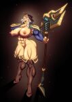  1girl abs ashe_(league_of_legends) breasts detached_sleeves evil_smile groove1121 hand_up high_heels highres holding holding_polearm holding_weapon hood large_breasts looking_at_viewer muscular nipples polearm shoulder_pads simple_background smile thick_thighs thighhighs thighs weapon white_hair 