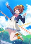  1girl :d absurdres arm_up blue_eyes blue_jacket blue_sky blush bow brown_hair cloud commentary commission day dress fang full_body hair_between_eyes hair_bow high_ponytail highres hinata_chinatsu ikazu401 jacket jumping long_sleeves ongeki open_clothes open_jacket orange_socks outdoors outstretched_arm pennant pink_bow pixiv_commission pleated_dress ponytail shoes sky smile socks solo string_of_flags white_dress white_shoes yellow_bow 