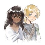  1boy 1girl armor berserk blonde_hair blue_eyes breastplate brown_eyes brown_hair casca_(berserk) freckles highres judeau_(berserk) long_hair looking_at_another low_ponytail pauldrons ponytail qaiiri short_ponytail shoulder_armor simple_background upper_body white_background 