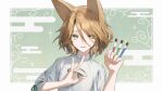  1girl :3 animal_ears blonde_hair bow bowtie bright_pupils cloud_print cork corked_bottle curly_hair double-parted_bangs fox_ears fox_girl fox_shadow_puppet green_background green_bow green_bowtie highres holding holding_test_tube kudamaki_tsukasa liquid looking_at_viewer medium_hair open_mouth red_pupils romper short_sleeves smile test_tube touhou tube two-tone_background wanko_sora white_background white_romper yellow_eyes yellow_fur 