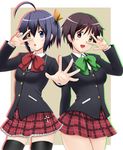  :o black_hair black_legwear blazer blue_eyes chuunibyou_demo_koi_ga_shitai! cross fuuma_nagi heterochromia highres jacket multiple_girls no_eyepatch one_side_up outstretched_hand plaid plaid_skirt red_eyes school_uniform short_hair skirt takanashi_rikka thighhighs tsuyuri_kumin v-shaped_eyebrows v_over_eye yellow_eyes zettai_ryouiki 