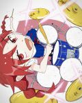  1girl absurdres blue_skirt braid commentary_request drum drum_set drumsticks film_grain fisheye foreshortening from_above futsuu_no_keion-bu highres holding holding_drumsticks instrument looking_at_viewer mole mole_under_eye neck_ribbon perspective playing_drum pleated_skirt red_eyes red_hair red_ribbon ribbon school_uniform shirt short_sleeves sitting skirt smear_frame solo sparkle summer_uniform tariki_world twin_braids twintails uchida_momo white_shirt 