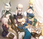  1boy 6+girls absurdres ahoge artoria_caster_(fate) artoria_caster_(swimsuit_berserker)_(fate) artoria_caster_(swimsuit_berserker)_(first_ascension)_(fate) artoria_pendragon_(fate) artoria_pendragon_(lancer)_(fate) artoria_pendragon_(lancer_alter)_(fate) bare_shoulders bed_sheet besmiled black_hair blonde_hair blue_eyes blush breasts cleavage closed_eyes curtains dress fate/grand_order fate_(series) fujimaru_ritsuka_(male) green_eyes highres large_breasts long_hair long_sleeves medium_breasts multiple_girls mysterious_heroine_x_alter_(fate) mysterious_heroine_xx_(fate) pillow saber_(fate) saber_alter short_hair sidelocks small_breasts smile thighhighs thighs yellow_eyes 