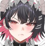  1girl black_hair blush close-up closed_mouth colored_inner_hair commentary_request ellen_joe hair_between_eyes hair_ornament hairband half-closed_eyes lips looking_at_viewer maid_headdress medium_hair metal_hairband mole mole_under_eye multicolored_hair nompang pink_hair portrait red_eyes simple_background solo spiked_headband white_background x_hair_ornament zenless_zone_zero 