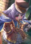  1girl blue_cloak bottle brown_coat cloak coat emil_chronicle_online frilled_skirt frills hat highres holding holding_bottle military_hat milk_bottle open_mouth purple_eyes purple_hair skeleton_shooter_alma skirt yupi828 