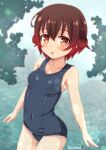  1girl alternate_costume blue_one-piece_swimsuit breasts brown_eyes brown_hair covered_navel gradient_hair highres kantai_collection multicolored_hair mutsuki_(kancolle) old_school_swimsuit one-piece_swimsuit ootori_(kyoya-ohtori) open_mouth red_hair reflection reflective_water river school_swimsuit short_hair small_breasts solo swimsuit water 