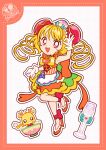  1girl ankle_bow apron back_bow blonde_hair blue_bow border bow bow_apron bowtie brooch bun_cover cape collared_shirt cure_yum-yum deformed delicious_party_precure dot_nose dotted_line double_bun drill_hair food-themed_hair_ornament frilled_gloves frilled_shorts frills full_body gloves green_skirt grid_background hair_bun hair_ornament hanamichi_ran happy hat hat_bow heart heart_brooch high_heels highres jewelry leg_up long_hair looking_at_viewer magical_girl mem-mem_(precure) miniskirt ok_sign open_mouth orange_border orange_bow orange_brooch orange_cape orange_shirt orange_shoes outline pink_bow pom_pom_(clothes) precure purple_bow red_bow red_eyes shirt shoes shorts signature skirt skirt_hold sleeveless sleeveless_shirt smile standing stiletto_heels tareme teeth twin_drills two-tone_skirt upper_teeth_only uwded_207 waist_apron wand white_apron white_background white_gloves white_outline yellow_bow yellow_bowtie yellow_skirt 