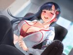  1girl absurdres armband black_hair black_pants blunt_bangs blurry blurry_background blush bra breasts chair cleavage collarbone collared_shirt commentary_request dress_shirt hair_ornament highres indoors inushima large_breasts long_sleeves looking_at_viewer office_lady open_clothes open_mouth open_shirt original pants red_bra red_eyes red_ribbon ribbon shirt sitting smile solo underwear veins veiny_breasts white_shirt window 