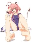  1girl :d ahoge alternate_costume angel_beats! arar0158 bare_legs bare_shoulders barefoot black_choker blue_one-piece_swimsuit blurry blush breasts choker collarbone demon_tail depth_of_field fake_tail fang feet foot_focus foreshortening hair_between_eyes hand_up happy hashtag-only_commentary highres knees_up long_hair looking_at_viewer o-ring o-ring_choker one-piece_swimsuit open_mouth pink_hair red_eyes salute sidelocks simple_background single_handcuff sitting skin_fang small_breasts smile soles solo spread_legs strap_slip swimsuit tail toes two_side_up white_background yui_(angel_beats!) 