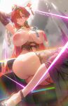  1girl adapted_costume alternate_breast_size arm_up armpits arms_behind_head ass bare_shoulders black_gloves black_shoes blue_eyes breasts breasts_apart chain chinese_hairpin chromatic_aberration commentary elbow_gloves english_commentary fishnet_thighhighs fishnets flower_hairpin gloves hair_ornament hairpin heavy_chromatic_aberration high_ponytail highres housou-kun huge_breasts long_hair navel nipples paid_reward_available pointy_ears ponytail pussy red_hair revealing_clothes shoes sitting solo sweat thighhighs thighs_together twitter_username uncensored underboob very_long_hair wet wuthering_waves yinlin_(wuthering_waves) 