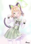 1girl ;d absurdres alternate_costume animal_ear_headphones animal_ears artist_name black_tail blonde_hair blue_archive blunt_bangs blush bow bowtie buttons cat_ear_headphones cat_ears cat_tail center_frills clenched_hands commentary_request cowboy_shot cross-laced_clothes cross-laced_skirt fake_animal_ears fake_tail frilled_sailor_collar frilled_shirt frilled_shirt_collar frilled_skirt frilled_sleeves frills green_bow green_bowtie green_eyes green_halo green_sailor_collar green_skirt hair_bow halo hands_up headphones high-waist_skirt highres jirai_kei long_sleeves looking_at_viewer midori_(blue_archive) one_eye_closed open_mouth parted_bangs paw_pose pleated_skirt sailor_collar sailor_shirt shiraragi shirt short_hair sidelocks signature skirt sleeves_past_wrists smile solo sparkle suspender_skirt suspenders tail tail_bow tail_ornament tail_raised thighhighs twintails watermark watermark_grid white_shirt white_thighhighs 