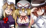  blonde_hair bow breasts brown_eyes brown_hair cleavage double_eyepatch dress_shirt eyepatch grin hair_ribbon hat large_breasts long_hair maribel_hearn multiple_girls open_mouth purple_eyes red_eyes ribbon shirt short_hair sketch smile tori_(minamopa) touhou upper_body usami_renko yakumo_yukari 