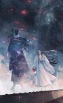  2boys arm_behind_back artist_name black_boots black_hair black_hanfu blue_sash boots chinese_clothes cloud crying crying_with_eyes_open english_commentary fading falling_petals floating_hair full_body hair_ribbon hanfu headband high_ponytail highres holding holding_jug jug_(bottle) lan_wangji long_hair long_sleeves looking_at_another male_focus minataka94 modao_zushi multiple_boys night night_sky on_rooftop outdoors outstretched_arm parted_lips petals ponytail red_petals red_ribbon red_sash ribbon robe rooftop sash sky smile standing star_(sky) starry_sky tears transparent very_long_hair watermark wei_wuxian white_hanfu white_headband wide_sleeves wind yaoi yellow_eyes 
