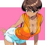  1girl bent_over blush breasts brown_eyes brown_hair cleavage coco_chino covered_nipples dark-skinned_female dark_skin hanging_breasts hood hooded_jacket jacket large_breasts looking_at_viewer no_bra orange_jacket pink_background short_hair short_shorts shorts sleeveless sleeveless_jacket smile solo super_real_mahjong toono_mizuki two-tone_background white_background white_shorts 