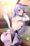  1girl absurdres animal_ear_hairband animal_ears ass backless_dress backless_outfit black_dress black_panties blue_hair blue_skirt blunt_bangs blurry blurry_background breasts detached_sleeves don-chan_(usada_pekora) dress fake_animal_ears fishnet_thighhighs fishnets frilled_dress frills from_behind grin hair_over_shoulder hairband highres hinoki_kahun0 hololive indoors long_hair looking_at_viewer looking_back median_furrow medium_breasts miniskirt official_alternate_costume official_alternate_hairstyle orange_eyes panties pantyshot pleated_skirt pom_pom_(clothes) pool_table puffy_detached_sleeves puffy_short_sleeves puffy_sleeves rabbit-shaped_pupils rabbit_ear_hairband rabbit_ears rabbit_girl rabbit_tail short_dress short_eyebrows short_sleeves sideboob skirt skirt_under_dress sleeveless sleeveless_dress smile solo symbol-shaped_pupils table tail thick_eyebrows thighhighs underwear usada_pekora usada_pekora_(furi_furi_bunny_dress) virtual_youtuber white_skirt white_sleeves wrist_cuffs 