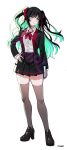  1girl alternate_costume black_hair black_jacket black_shoes black_skirt book bow bowtie cersea_soulstorm chromashift closed_mouth collared_shirt colored_inner_hair commentary_request company_name copyright_name copyright_notice full_body green_eyes grey_hair grey_thighhighs hair_ribbon hand_on_own_hip high_heels highres holding holding_book jacket jose_(unknownshuriken) loafers long_hair long_sleeves looking_at_viewer looking_to_the_side mole mole_under_mouth multicolored_hair official_art open_clothes open_jacket pleated_skirt red_bow red_bowtie ribbon sample_watermark school_uniform shirt shoes simple_background skirt solo standing thighhighs twintails very_long_hair virtual_youtuber watermark white_background white_shirt zettai_ryouiki 