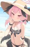  1girl absurdres beach bikini black_bikini black_wings blue_archive blush breasts closed_mouth collarbone commentary feathered_wings floral_print front-tie_bikini_top front-tie_top halo hat head_wings highres koharu_(blue_archive) koharu_(swimsuit)_(blue_archive) long_hair looking_at_viewer low_twintails low_wings navel official_alternate_costume pink_eyes pink_hair pink_halo print_bikini side-tie_bikini_bottom small_breasts solo straw_hat swimsuit tenroy twintails wings 