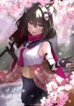  1girl animal_ear_fluff animal_ears ascot black_gloves black_umbrella blue_archive blue_sailor_collar blue_skirt blush braid brown_hair cherry_blossoms fang fox_ears fox_girl fox_tail gloves hair_between_eyes highres holding holding_umbrella izuna_(blue_archive) long_hair looking_at_viewer menchi-men open_mouth partially_fingerless_gloves pink_ascot pink_scarf pleated_skirt sailor_collar scarf shirt sidelocks single_braid skin_fang skirt sleeveless sleeveless_shirt solo tail umbrella white_shirt yellow_background 