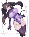  1girl absurdres animal_ears boots borrowed_character breasts brown_hair cat_ears covered_navel full_body highleg highleg_leotard highres impossible_clothes large_breasts leotard long_hair looking_at_viewer natsukaze_shigure purple_eyes skin_tight solo thigh_boots twintails 