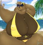 2020 accessory anthro artist_logo beach bear belly big_breasts bikini breasts brown_body brown_fur brown_hair camel_toe cellphone claws cleavage clothed clothing cloud curvy_figure detailed_background electronics fangs female flower flower_in_hair fur hair hair_accessory hand_behind_head hi_res holding_cellphone holding_object holding_phone holding_smartphone huge_breasts huge_hips huge_thighs hyper hyper_breasts inner_boob logo mammal neck_tuft nipple_outline nipples open_mouth overweight overweight_anthro overweight_female palm_tree pawpads paws phone plant portrait pose puffy_nipples raised_arm sea skimpy sky smartphone solo squeeeshie swimwear taking_picture taking_selfie teeth thick_thighs three-quarter_portrait tree tuft two-piece_swimsuit voluptuous water wave wearing_sunglasses wet wet_body wet_fur wide_hips yellow_bikini yellow_clothing yellow_swimwear