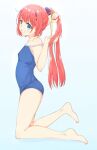  1girl :d alternate_costume aqua_eyes arar0158 bare_legs bare_shoulders barefoot blue_background blue_one-piece_swimsuit blunt_bangs breasts covered_nipples feet from_side full_body grin hair_ornament hair_ribbon hairclip hands_up hashtag-only_commentary highres kamiyama_shiki kneeling knees_together_feet_apart long_hair looking_at_viewer one-piece_swimsuit ponytail red_hair ribbon simple_background small_breasts smile solo straight_hair strap_slip summer_pockets swimsuit yellow_ribbon 