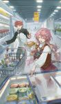  1boy aisle black_jacket brown_vest cart commissioner_insert couple cross cross_print emiya_shirou fate/stay_night fate_(series) food food_focus gaoyue_jixiang groceries highres holding holding_food ice ice_cream igote in_shopping_cart jacket momomiya_shizuku_(gaoyue_jixiang) oc_x_canon orange_hair original pastels pink_eyes price_tag print_ribbon pushing_cart raglan_sleeves red_hair ribbon shopping shopping_basket shopping_basket_cart shopping_cart short_hair skirt vest watermark weibo_watermark white_jacket 