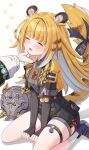  2girls animal_ears bead_bracelet beads bell belle_(delicate_sunlight)_(zenless_zone_zero) belle_(zenless_zone_zero) black_shorts blonde_hair bow bracelet breasts buttons colored_inner_hair commentary_request grey_shirt highres hu_wei_(zenless_zone_zero) jewelry jingle_bell ju_fufu kneeling long_hair multicolored_hair multiple_girls necklace official_alternate_costume open_mouth paw_print scratching_chin shirt shoes shorts simple_background smile socks solo_focus striped_hair striped_tail sweat tail tail_bow tail_ornament thigh_strap tiger_ears tiger_girl tiger_stripes tiger_tail tsukimi_yaya white_background white_socks zenless_zone_zero 