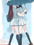  2girls bag bang_dream! bang_dream!_it&#039;s_mygo!!!!! black_hair black_socks blue_bag blue_shirt blue_umbrella brown_hair brown_shoes commentary_request hanasakigawa_school_uniform highres holding holding_umbrella kiss kneehighs long_hair marshmallow_(site) medium_hair multiple_girls nanami_(nunnun_0410) pleated_skirt rain request_inset sailor_collar school_bag school_uniform serafuku shared_umbrella shiina_taki shirt shoes short_sleeves skirt socks translation_request umbrella white_sailor_collar white_skirt yahata_umiri yuri 