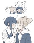  2girls arrow_(symbol) blonde_hair blue_hair blunt_bangs blush chibi closed_eyes collared_shirt commentary_request cone_hair_bun double_bun face-to-face frilled_shirt frilled_sleeves frills fukurai_azami hair_bun hamu_(hamusand) hand_on_another&#039;s_chin highres hood hood_down imminent_kiss jasmine_(toshi_densetsu_kaitai_center) long_sleeves looking_at_another multiple_girls multiple_views open_mouth profile shirt short_hair simple_background toshi_densetsu_kaitai_center translation_request trembling upper_body white_background yuri 