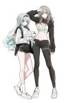  2girls absurdres alternate_costume aqua_hair black_hairband black_jacket black_pants black_shorts black_shrug breasts cleavage dolphin_shorts firefly_(honkai:_star_rail) full_body gradient_hair grey_hair hairband highres honkai:_star_rail honkai_(series) jacket long_hair medium_breasts meoyo multicolored_hair multicolored_jacket multiple_girls open_clothes open_jacket pants purple_eyes shoes shorts shrug_(clothing) simple_background socks sports_bra stelle_(honkai:_star_rail) trailblazer_(honkai:_star_rail) two-tone_jacket unfinished white_background white_jacket white_shoes white_socks white_sports_bra yellow_eyes 