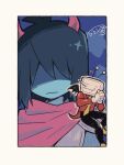  1boy 1other ant_tenna black_pants black_wings blue_hair blue_skin border colored_skin commentary_request crt deltarune demon_horns demon_wings heart horns jacket kris_(dark_world)_(deltarune) kris_(deltarune) mini_person_on_shoulder necktie object_head pants partially_shaded_face rechain red_jacket signature star_(symbol) white_border wings yellow_necktie 