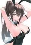  1girl animal_ears arm_strap armpits arms_behind_head arms_up artist_request bare_shoulders black_hairband black_leotard bow bowtie breasts brown_hair cleavage closers commentary_request commission detached_collar fake_animal_ears fake_tail genderswap genderswap_(mtf) hairband highleg highleg_leotard highres korean_commentary leotard long_hair looking_at_viewer medium_breasts parted_lips playboy_bunny ponytail rabbit_ears rabbit_tail seri_lee simple_background solo strapless strapless_leotard tail upper_body very_long_hair white_background yellow_eyes 