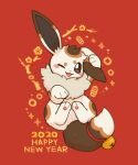  2020 :3 alternate_color alternate_shiny_pokemon amulet_coin animal_focus bell blush_stickers calico_(pattern) coin commentary_request eevee fluffy gold hand_on_own_ear happy_new_year highres koban_(gold) looking_at_viewer lovewolf5122 maneki-neko no_humans one_eye_closed open_mouth pawpads pokemon pokemon_(creature) pokemon_focus red_background solo tail tail_bell tail_ornament 